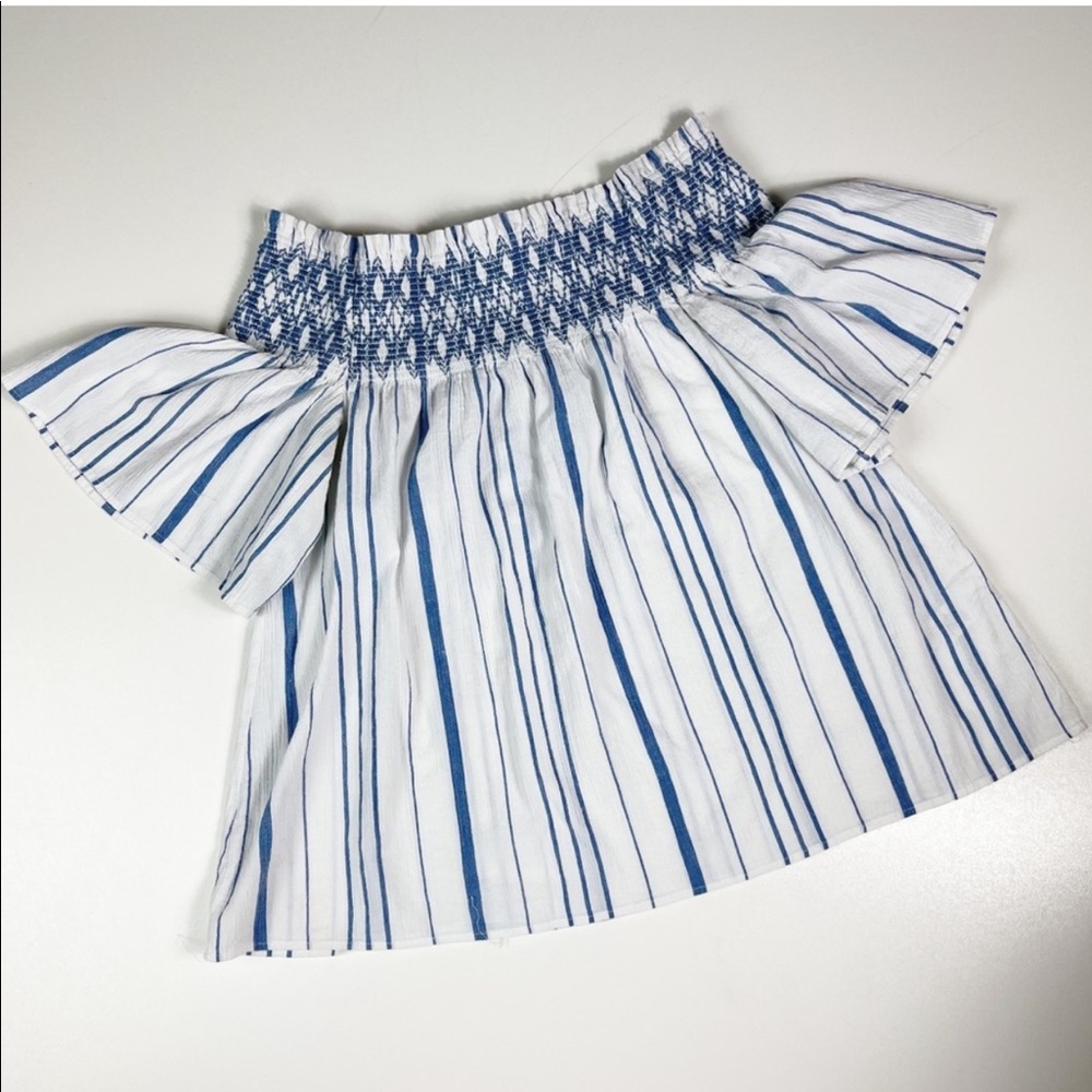 1. State Smocked Off Shoulder Blue White Striped Top Large